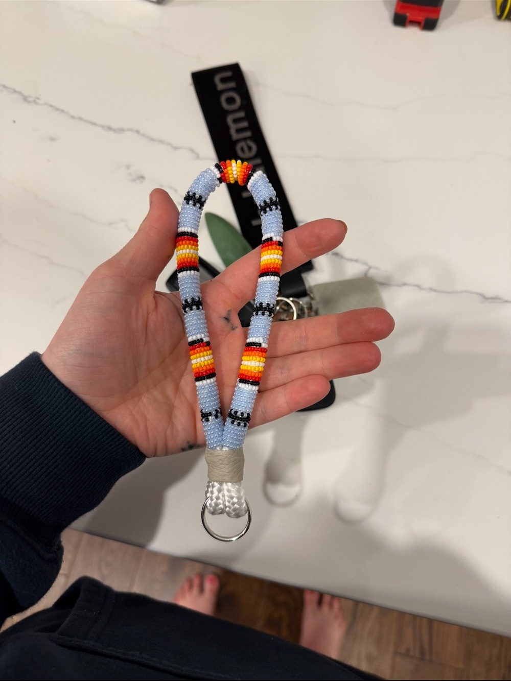 Indigenous Handmade Beaded Keychain Lanyard — Light Blue with Rainbow Stripes